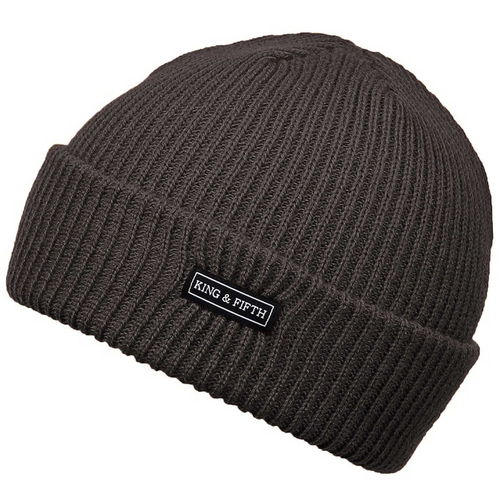 forms shot of a black knitted slouchy beanie with a metal label that says "king & fifth"