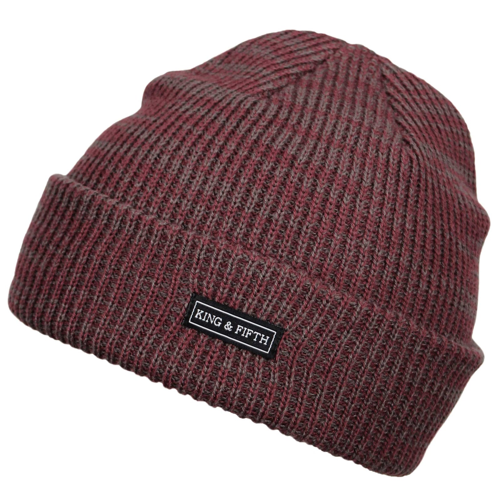 forms shot of a black knitted slouchy beanie with a metal label that says "king & fifth"