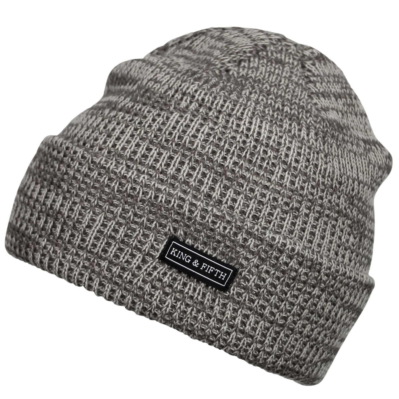 forms shot of a black knitted slouchy beanie with a metal label that says "king & fifth"
