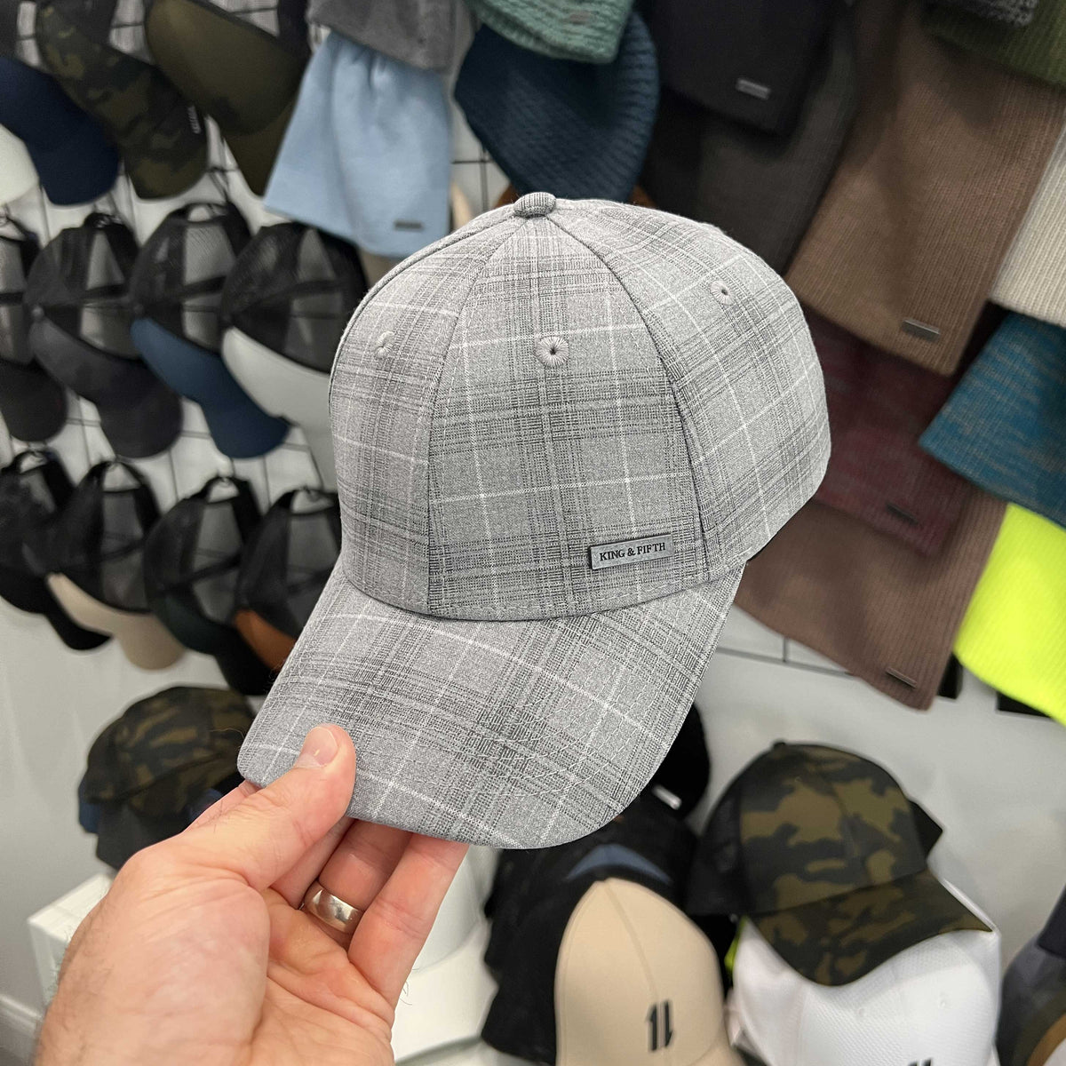 grey plaid baseball cap