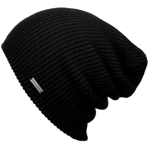 forms shot of a black knitted slouchy beanie with a metal label that says "king & fifth"
