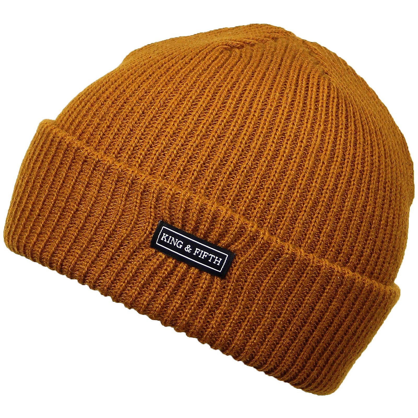 forms shot of a black knitted slouchy beanie with a metal label that says "king & fifth"
