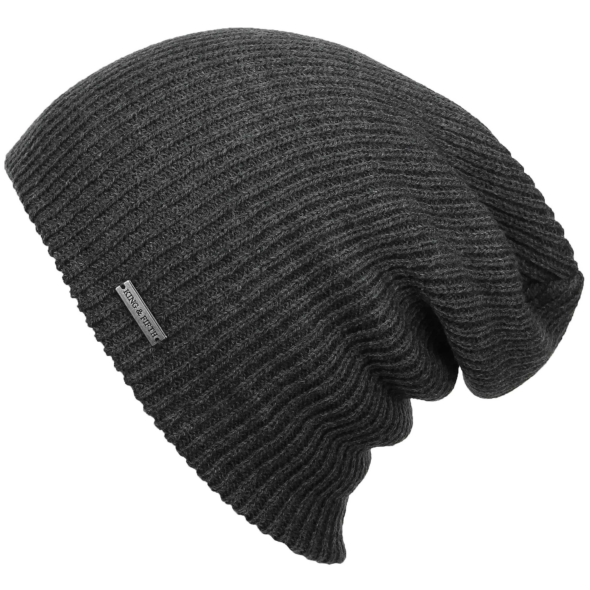 forms shot of a black knitted slouchy beanie with a metal label that says "king & fifth"
