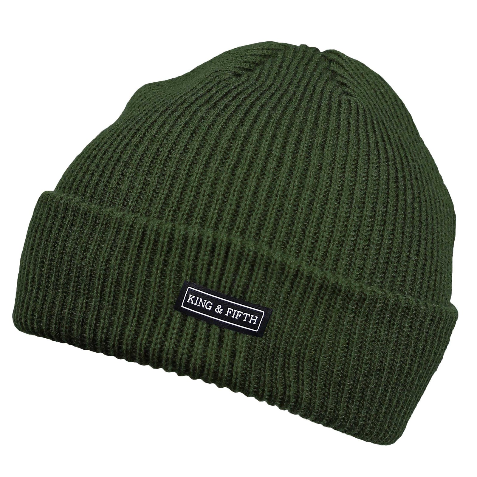 forms shot of a black knitted slouchy beanie with a metal label that says "king & fifth"